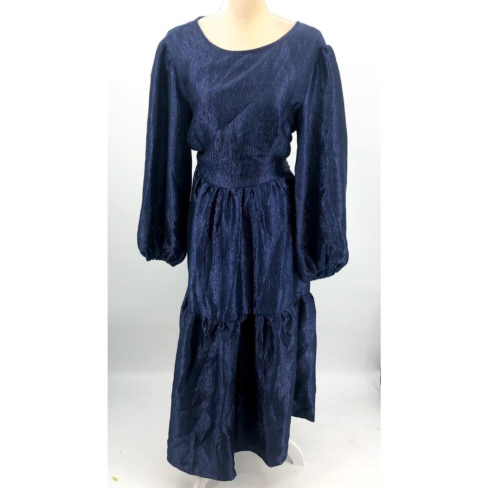 TOPSHOP Open Back Midi Dress Size 10 Midnight Blue Premium Textured Jacquard NWT - Picture 2 of 10